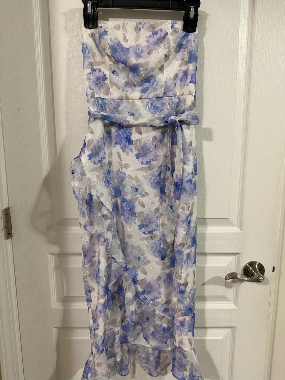 Altar'd State White Strapless Maxi Dress with Blue Floral Print